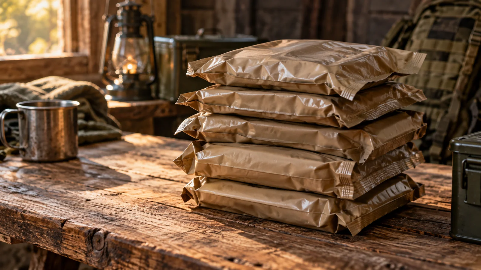 Fresh brown eggs in a carton on a rustic wooden table in warm morning sunlight