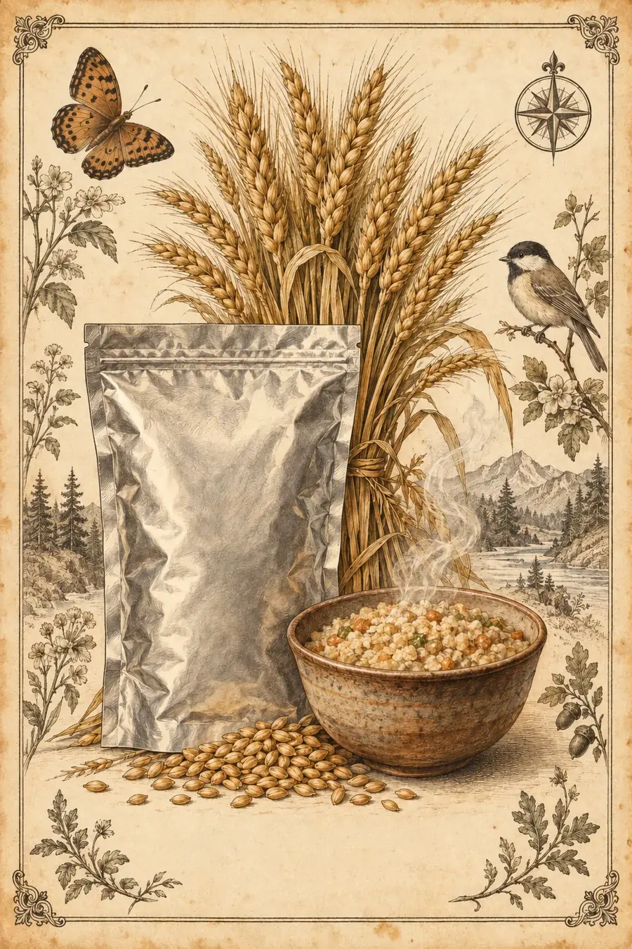 Antique-style illustration of a sealed emergency ration pouch and a bowl of reconstituted freeze-dried meal beside a wheat sheaf, evoking a vintage botanical field-guide plate