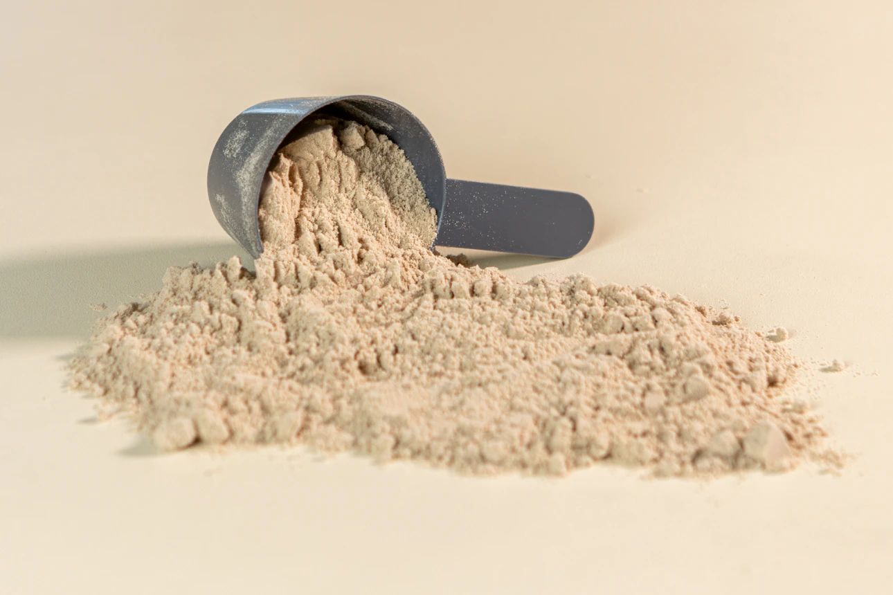 Scoop of powdered milk on a table, a visual for powdered milk shelf life