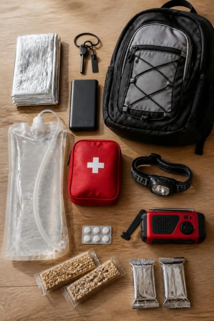 72 hour go bag list items laid out on a table: emergency blanket, power bank, water reservoir, first aid pouch, headlamp, hand-crank radio, purification tablets and snack bars