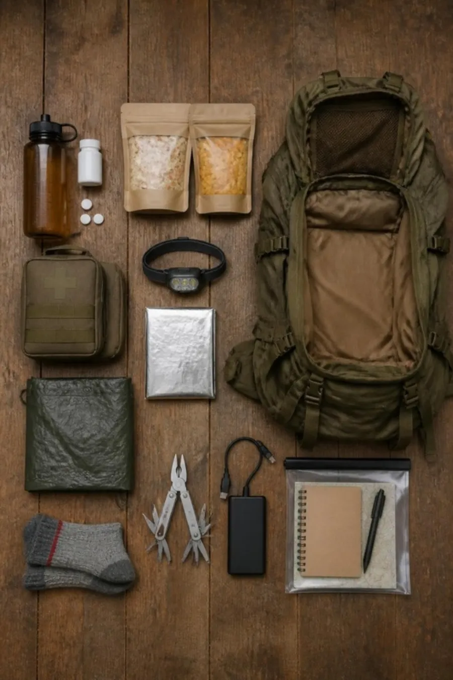 Bug-out bag contents laid out beside an open hiking backpack: water bottle, freeze-dried meals, first aid kit, poncho, headlamp, emergency blanket, multi-tool and document pouch