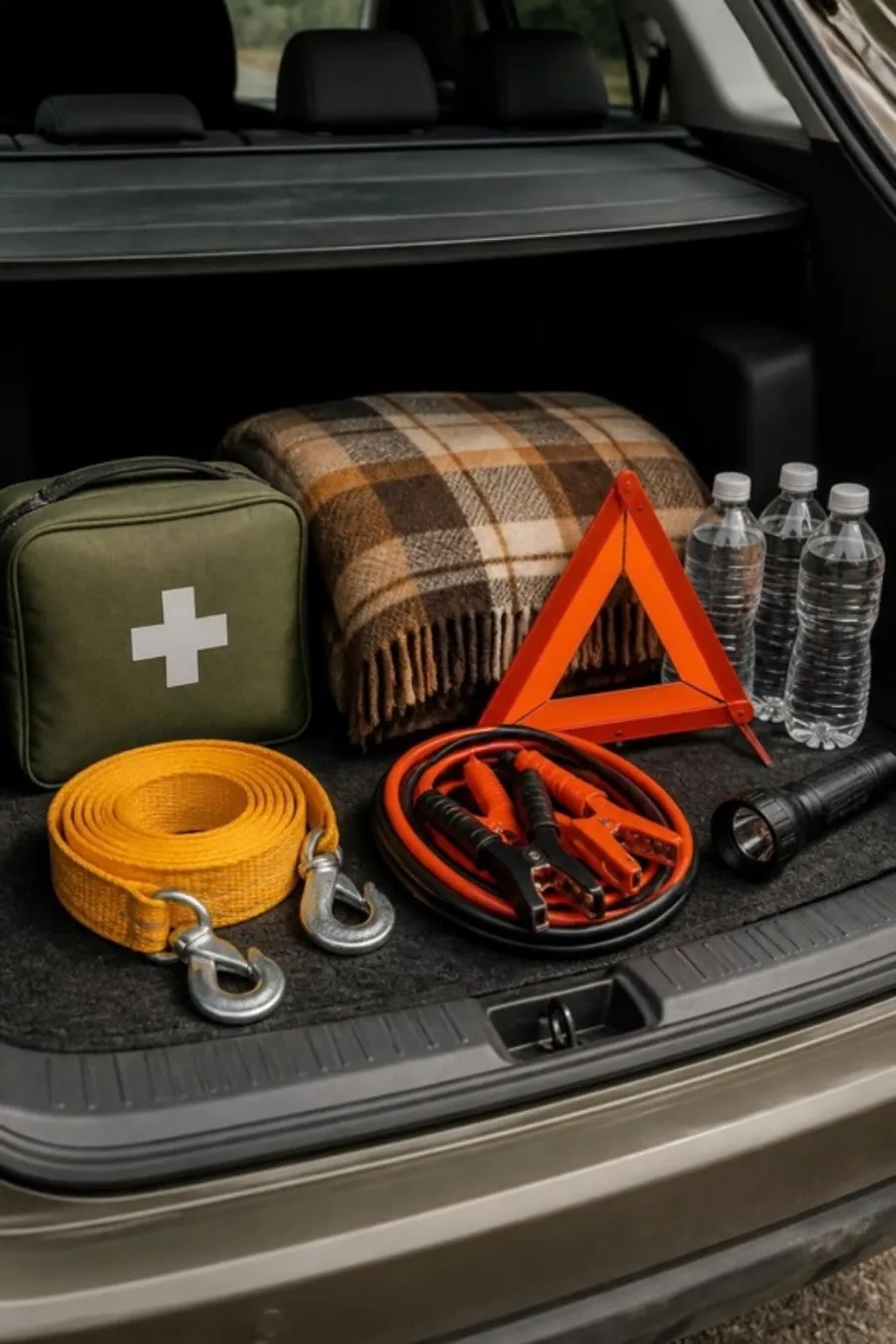 Car emergency kit laid out in an SUV trunk: first aid kit, wool blanket, warning triangle, bottled water, tow strap, jumper cables and a flashlight