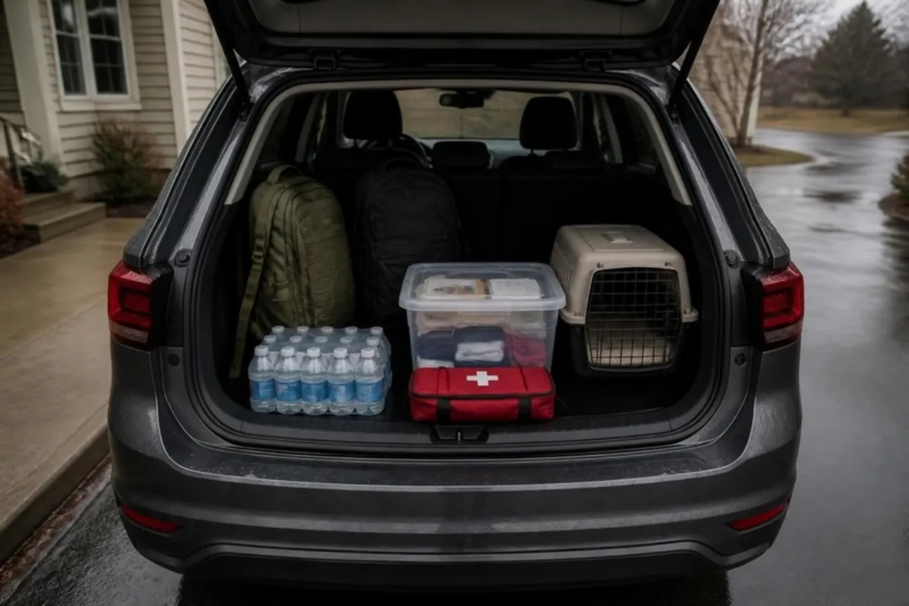 Open SUV hatch in a rainy driveway packed for evacuation with backpacks, a document box, bottled water, a first aid kit and a pet carrier