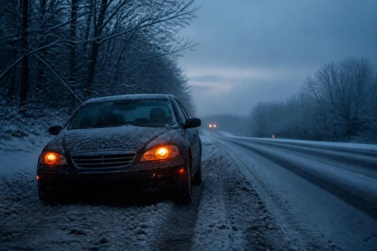 Car pulled onto the shoulder of a snow-covered rural road at dusk with its headlights on during a winter storm