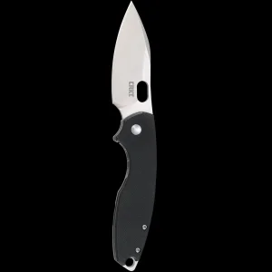 CRKT Pilar III folding knife with a black handle and satin blade, shown open against a black background