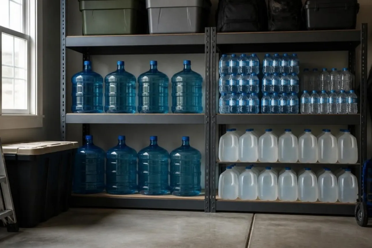 Emergency drinking water stored on garage shelving: blue 5-gallon containers, stacked 1-gallon jugs and cases of bottled water