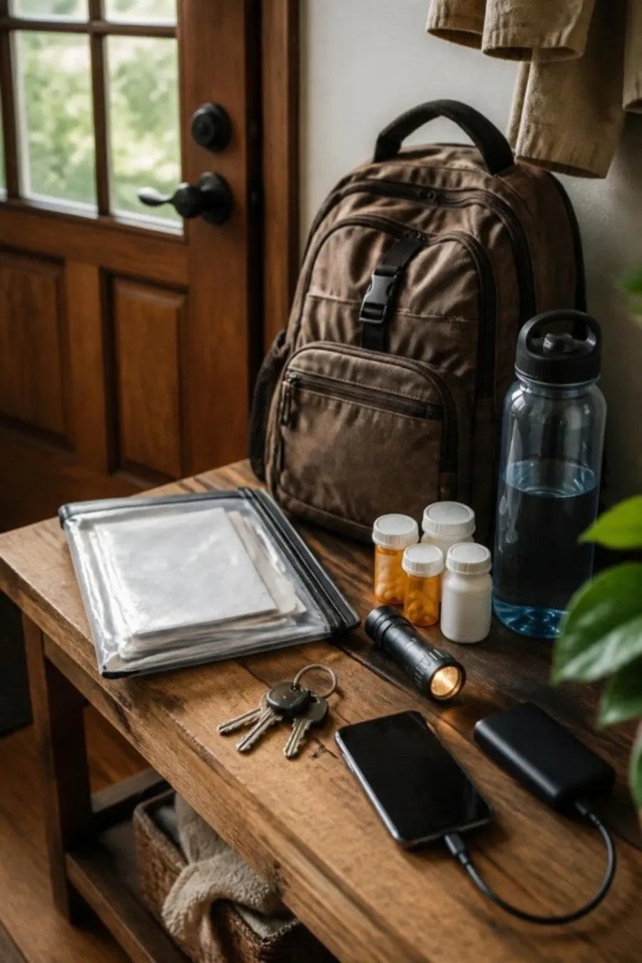 Evacuation essentials staged on an entryway bench by the front door: waterproof document pouch, medications, keys, flashlight, power bank, water bottle and a packed backpack