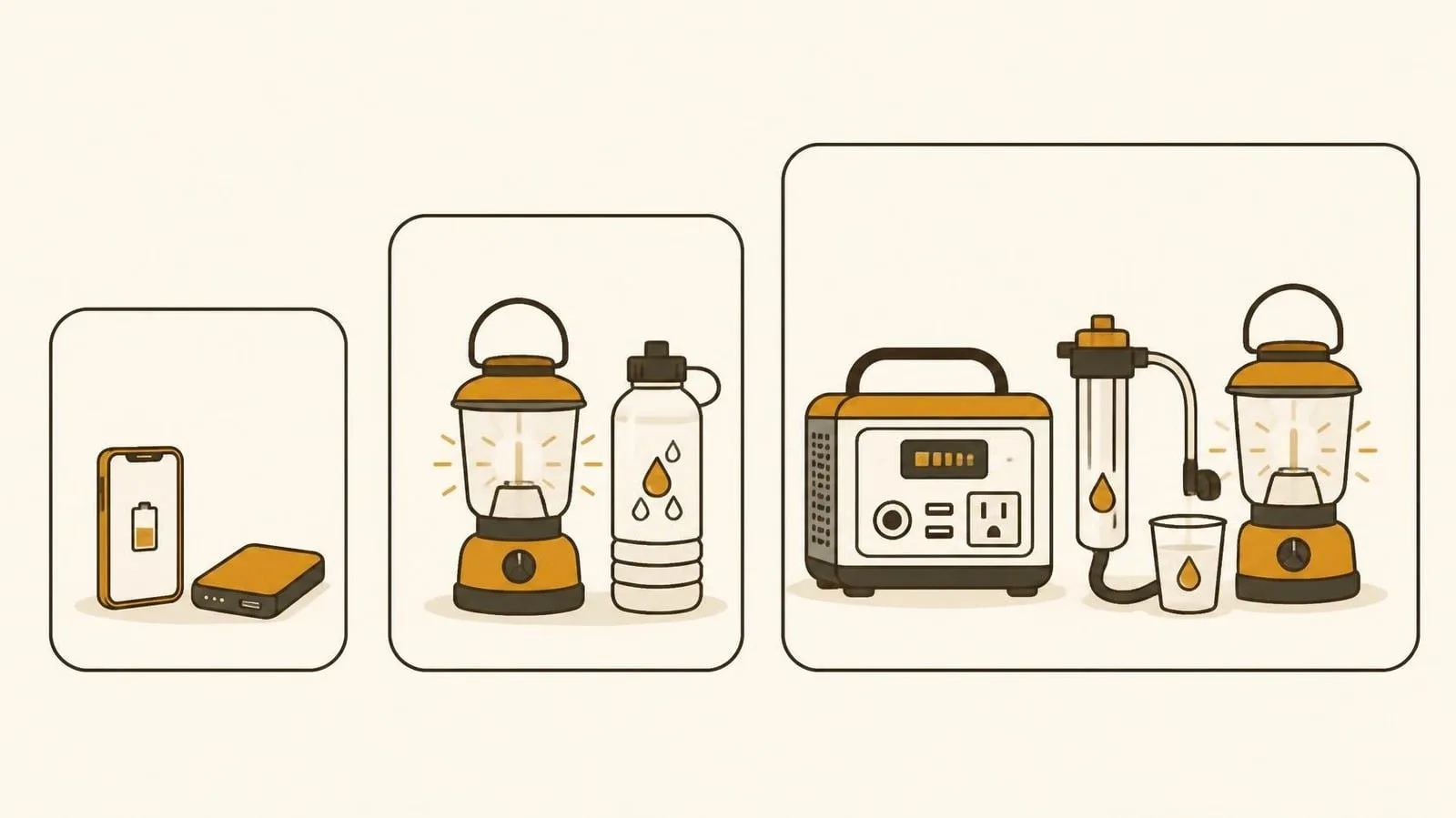 Three tiers of home power-outage readiness, from a charged phone and power bank, to a lantern and water bottle, to a full portable power station, water filter, and lantern setup