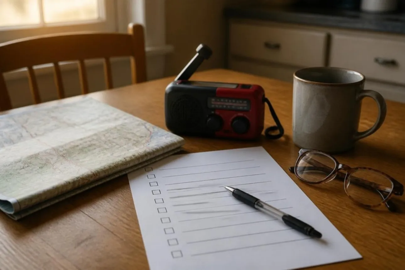 Household emergency plan in progress on a kitchen table: printed checklist, folded road map, hand-crank weather radio and a pen