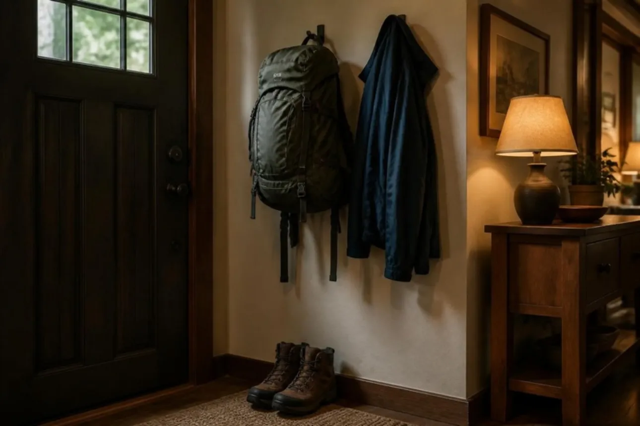 Packed hiking backpack and rain jacket hanging by the front door of a home entryway, boots on the mat, ready to grab