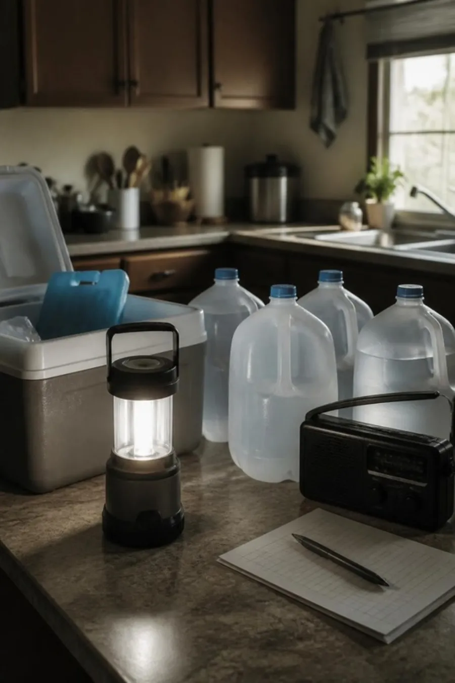 Kitchen counter set up for a planned power shutoff: battery lantern, cooler, gallon jugs of drinking water, a battery radio and a written checklist