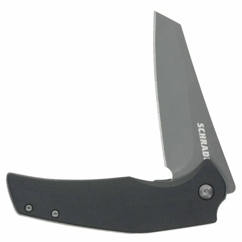 Schrade Torsion folding knife with a black G-10 handle and tanto-style blade, shown open on a white background