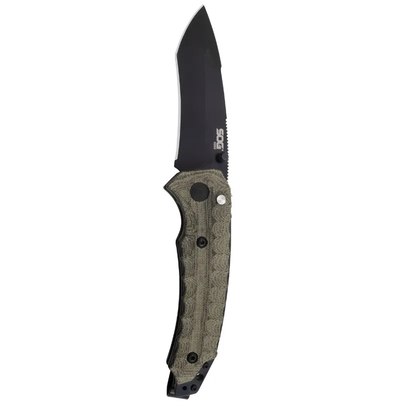 SOG Kiku Assisted folding knife with a black handle and satin blade, shown open on a white background