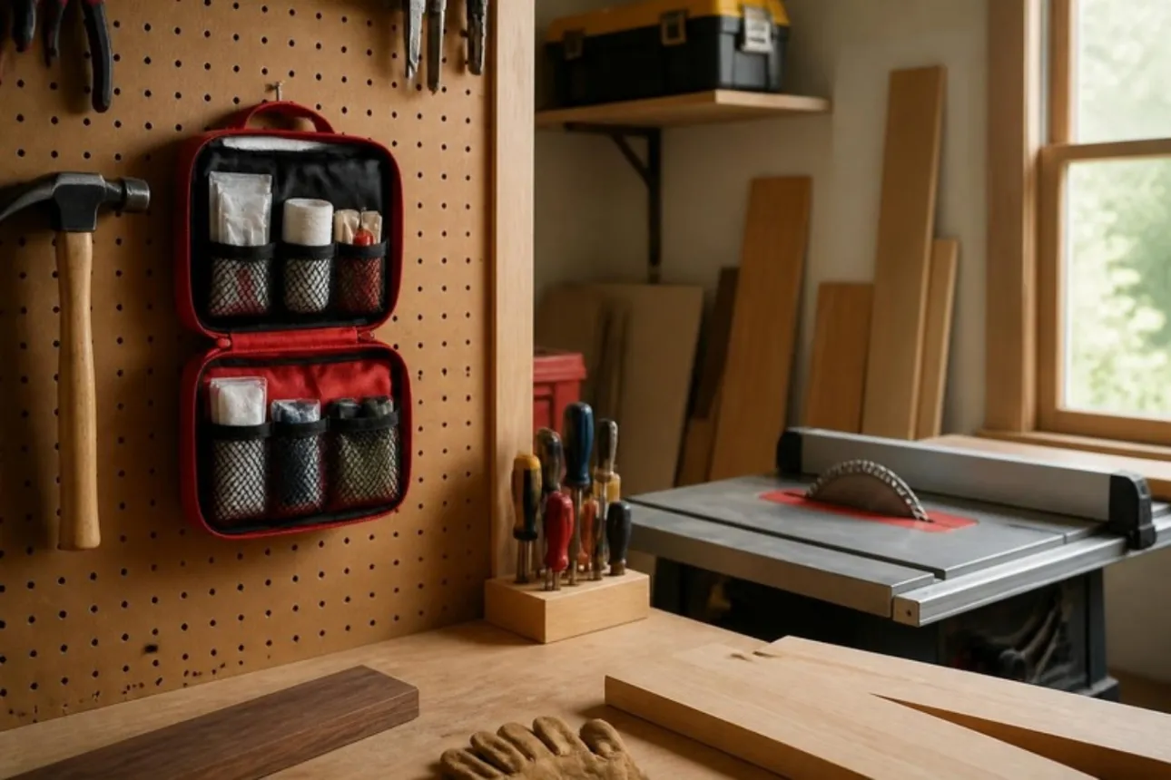 Red first aid and trauma kit pouches hanging on a garage pegboard beside a workbench and table saw